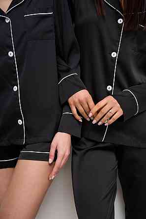 Комплект шовковий трійка сорочка з шортами і штанами Чорний M Харків