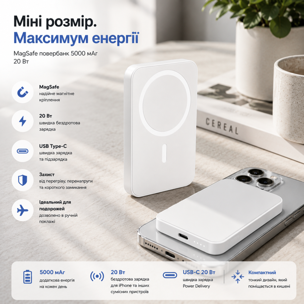Повербанк MagSafe mini 5000 мАч 20Вт Power Bank беспроводной USB Type-C Черный Киев - изображение 1