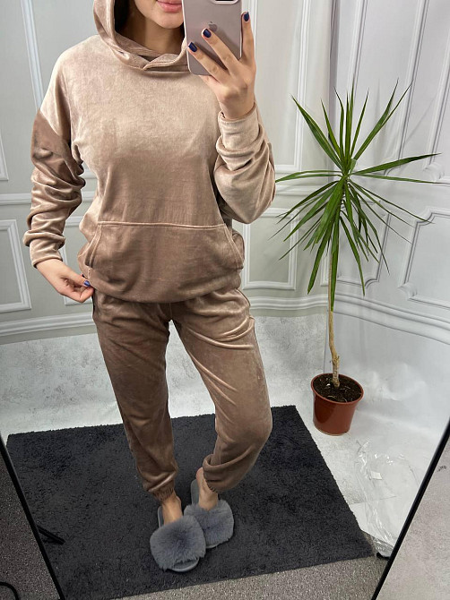 Женский велюровий костюм с капюшоном Бежевый XS Харьков - изображение 6