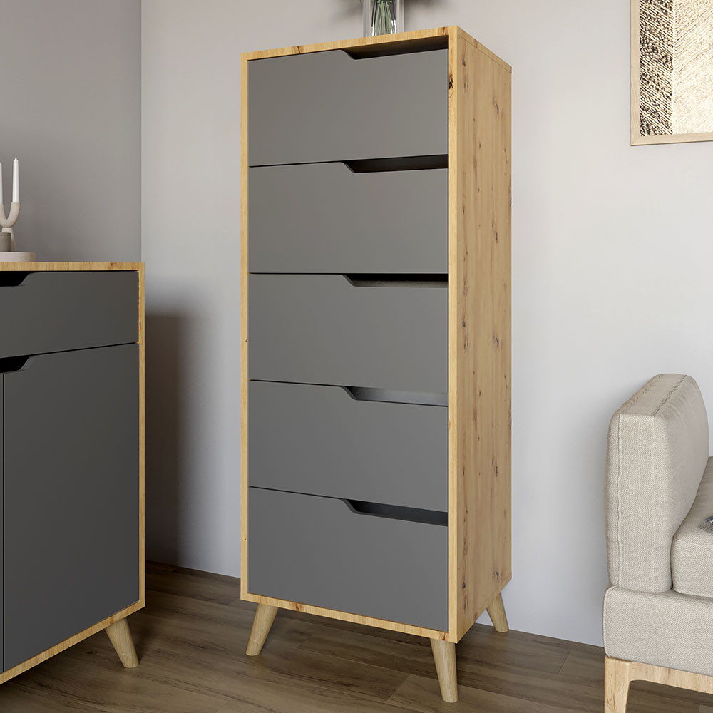 Комод високий з ніжками в кольорі Горіх світлий 5 ящиків М-ЗОН Борн 500 Дуб Артизан/Антрацит (MZN-031102) Львів - фото 1