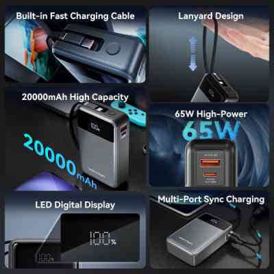 Батарея універсальна Vention 20000mAh 65W 3A PD, QC/3.0, USB-A, Type-C OUT, with Built-in USB-C Cable, LED Display (FHYB0) Вінниця
