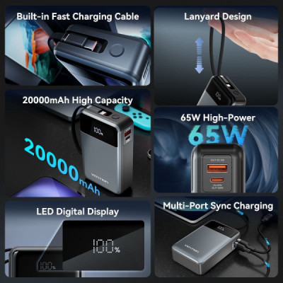 Батарея универсальная Vention 20000mAh 65W 3A PD, QC/3.0, USB-A, Type-C OUT, with Built-in USB-C Cable, LED Display (FHYB0) Винница - изображение 5
