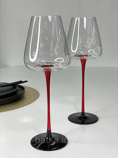 Набір високих келихів 6 шт. для вина 570 мл «Червоний стиль» прозорий із червоною ніжкою Київ - фото 5