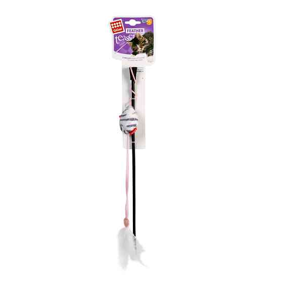 Іграшка для котів Дражнилка на стеку з мишкою зі звуковим ефектом GiGwi Teaser, перо, пластик, Коломыя