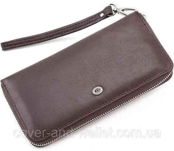 Коричневый кожаный кошелек клатч на молнии с ремешком ST Leather Киев