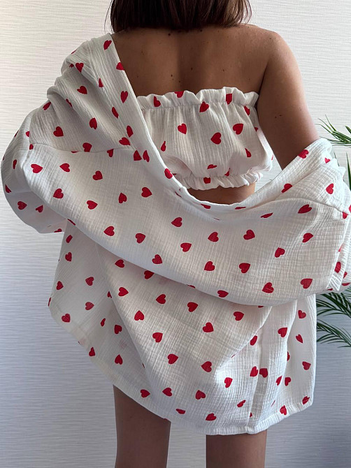 Жіночий ніжний домашній костюм-трійка: халат топ і шорти із сердечками муслін 100% бавовна Білий 2 Одеса - фото 10