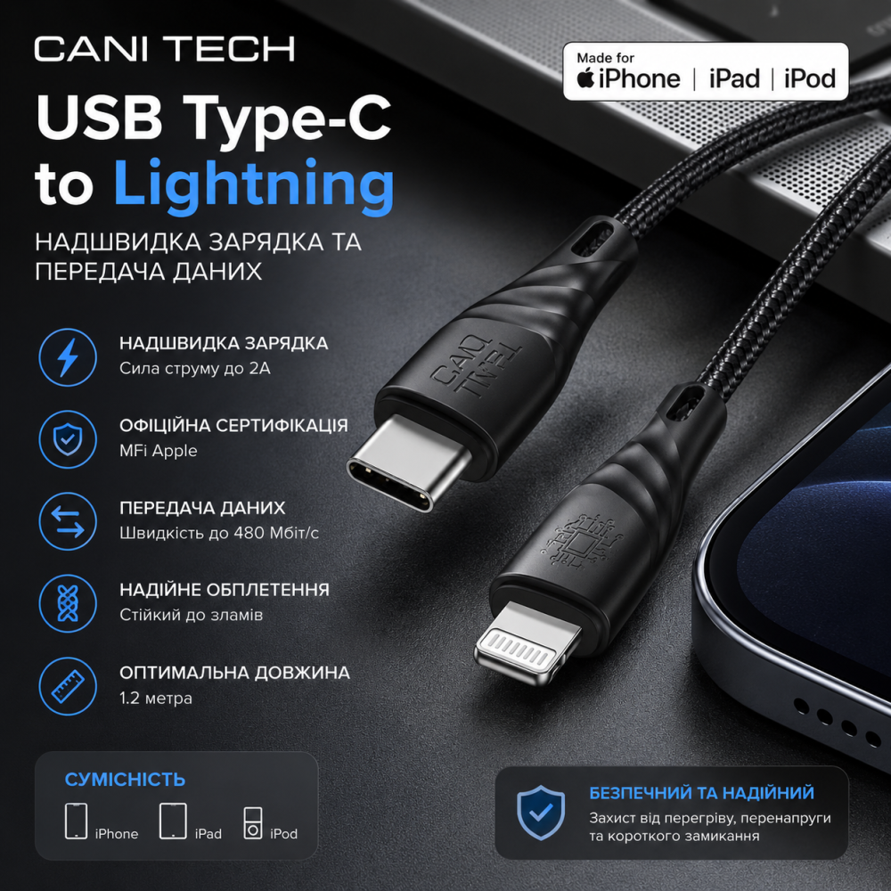 Кабель USB Type-C to Lightning CANI TECH: Офіційна сертифікація MFi Apple, надшвидка зарядка 2А, довжина 1.2 м Київ - фото 9