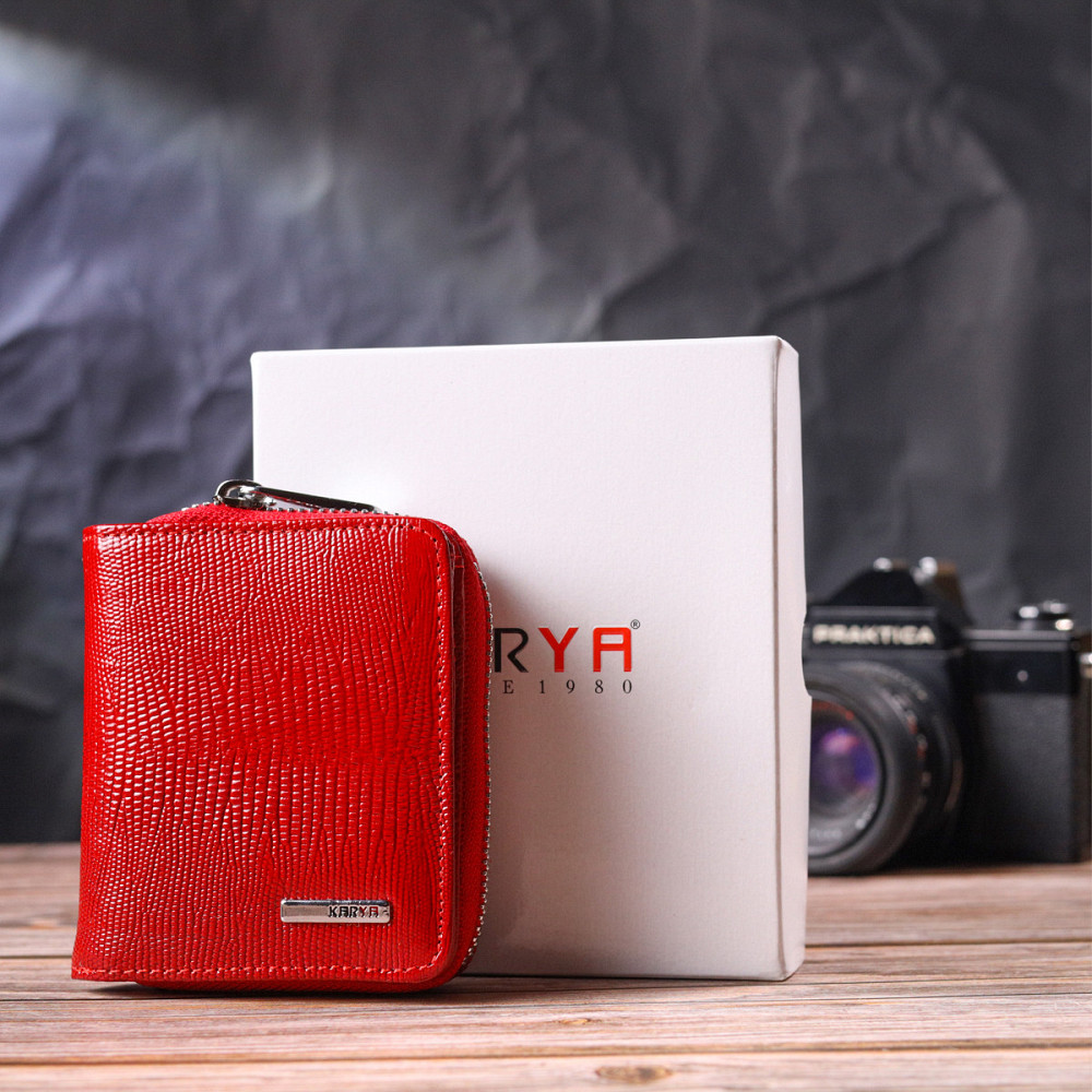 Лакированный женский кошелек с монетницей на молнии из натуральной фактурной кожи KARYA 21410 Красный Киев - изображение 10