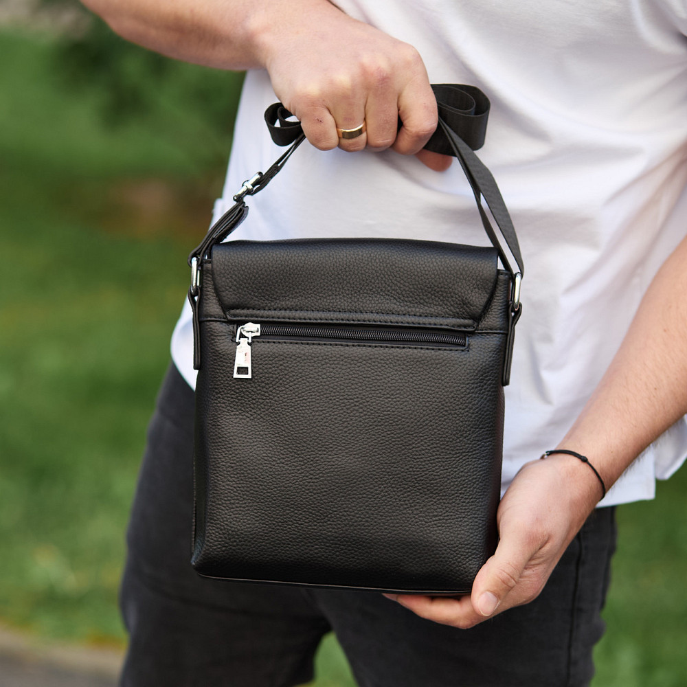 Кожаная мужская сумка-месенджер 21х23х5.5, сумочка кросс боди через плечо черная Tiding Bag 56230 Каменское - изображение 3