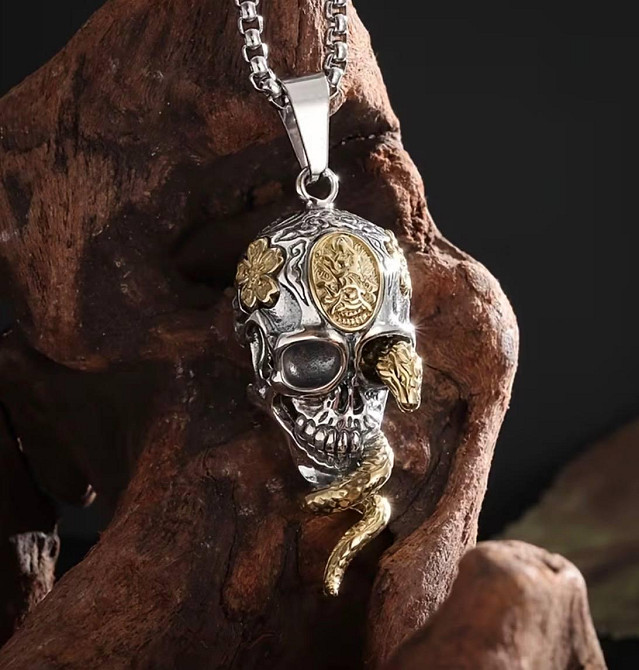 Кулон череп зі змією на ланцюжку чоловічий підвіска череп готичний стиль прикраса Київ - фото 2