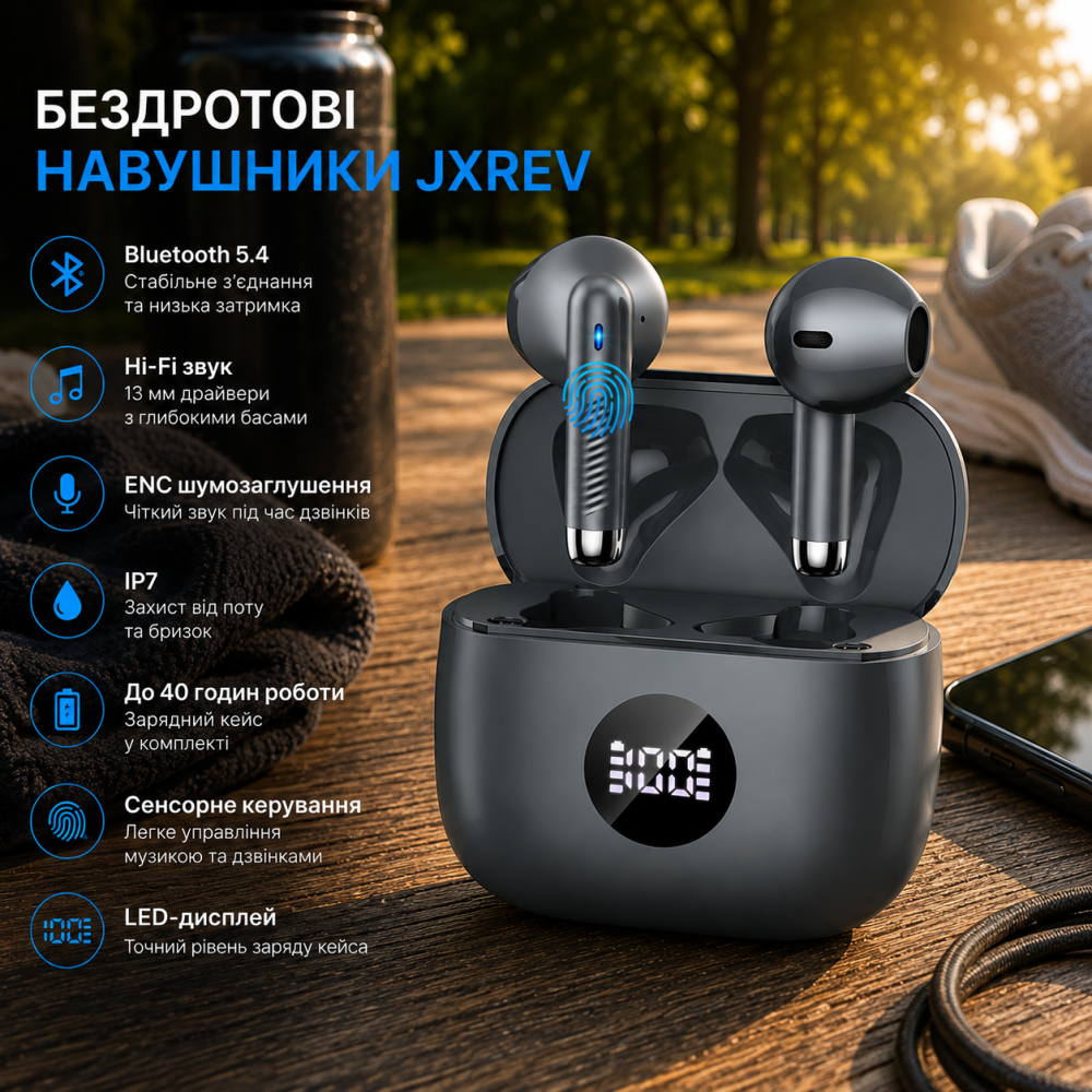 Беспроводные наушники Jxrev Bluetooth 5.4, Hi-Fi 13 мм, ENC, IP7, до 40 часов, сенсорное управление, LED-дисплей, темно-серые Киев - изображение 1