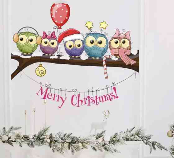 Новорічні наклейки сови на гілці - розмір стікера 25*70см, силікон Київ