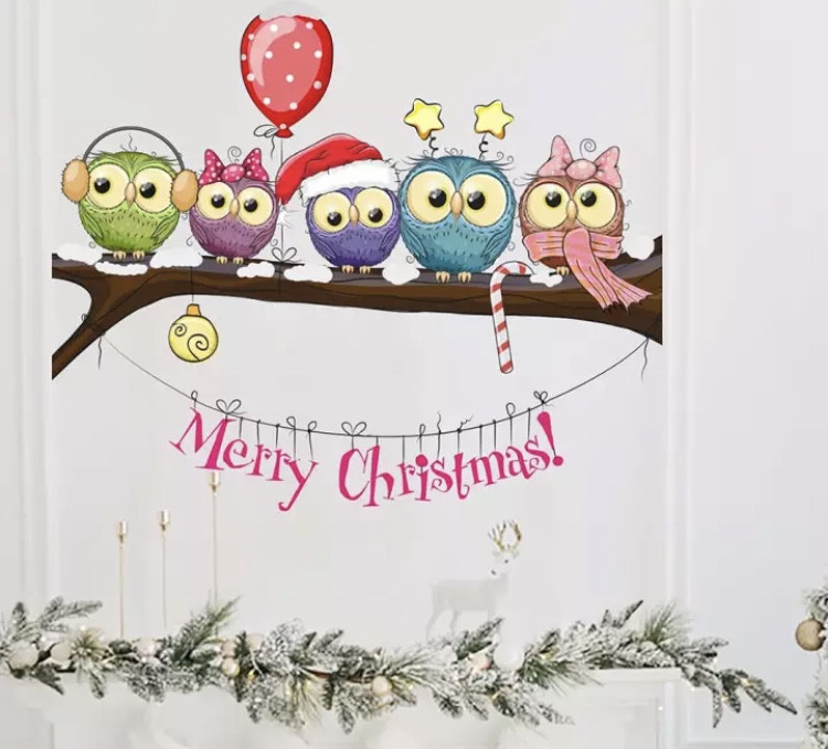 Новорічні наклейки сови на гілці - розмір стікера 25*70см, силікон Київ - фото 5