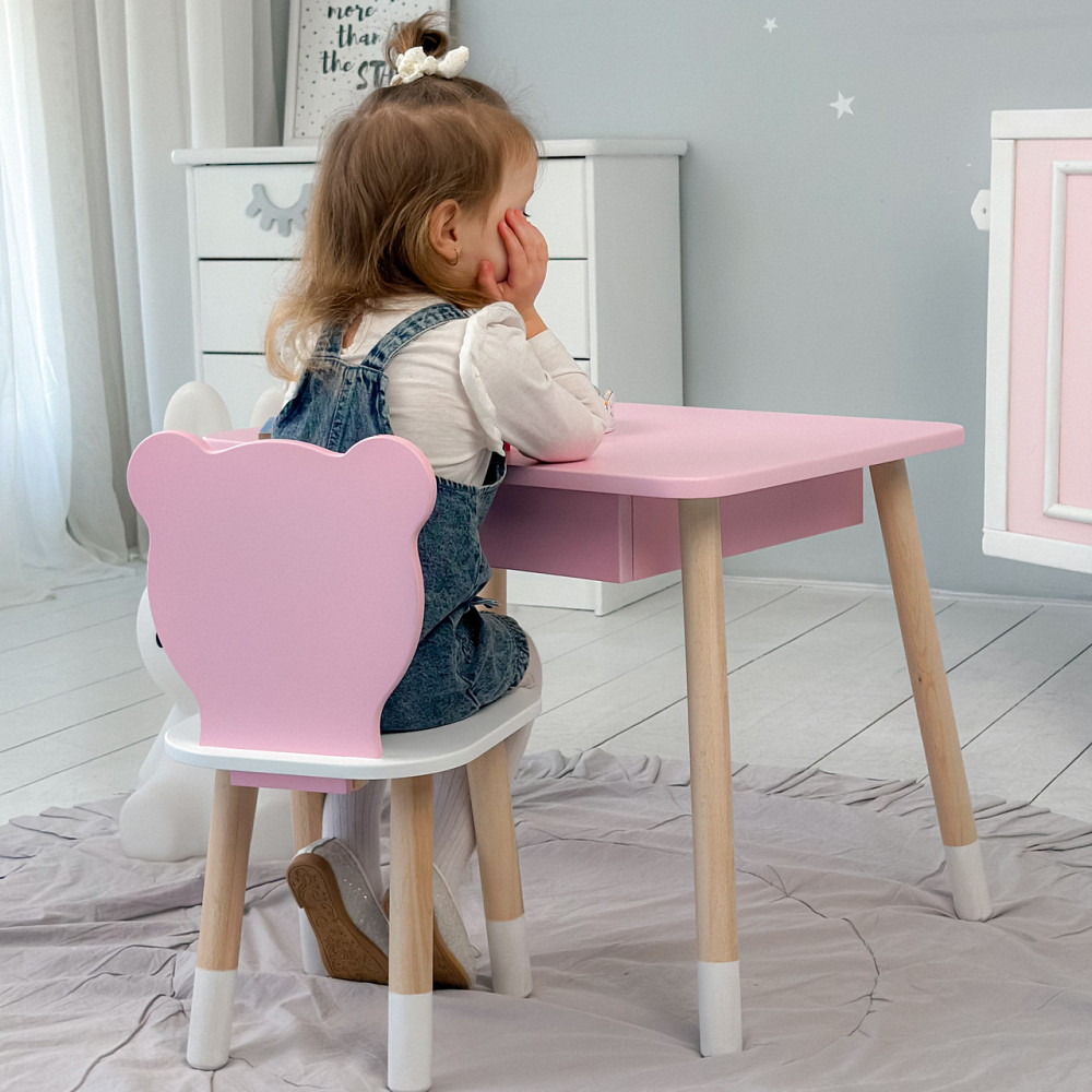 Стол прямоугольный с ящиком 46х60х45 и стул медвежонка 26х26х24, столик и стульчик для детской комнаты, розовый с белым Каменское - изображение 7