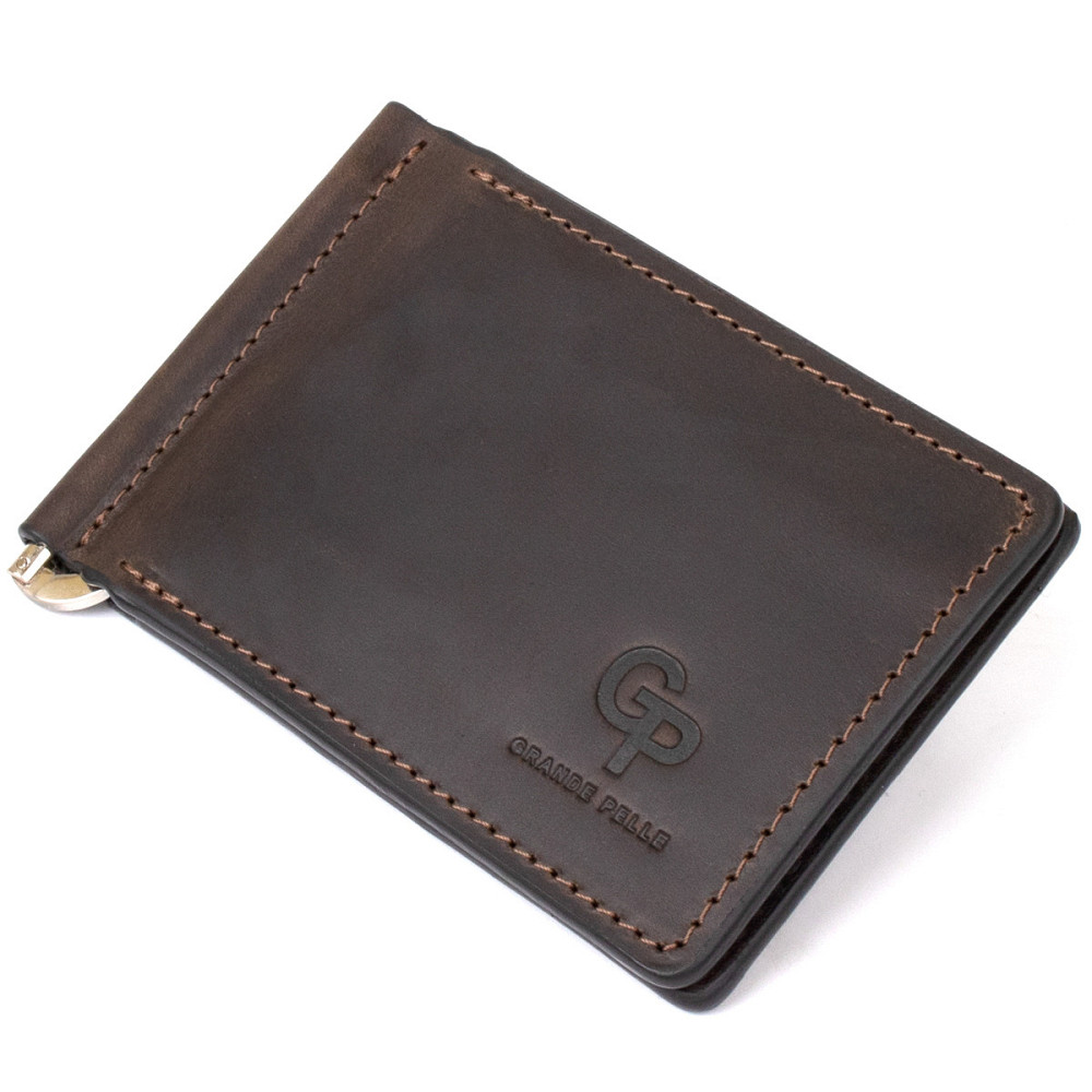 Вінтажний шкіряний затиск для грошей GRANDE PELLE 11473 Коричневий Київ - фото 1