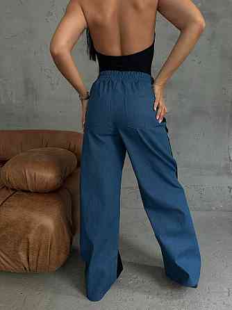 Женские стильные комбинированные брюки палаццо с лампасами плотный джинс + трехнитка петля пенье 46/48 Одесса