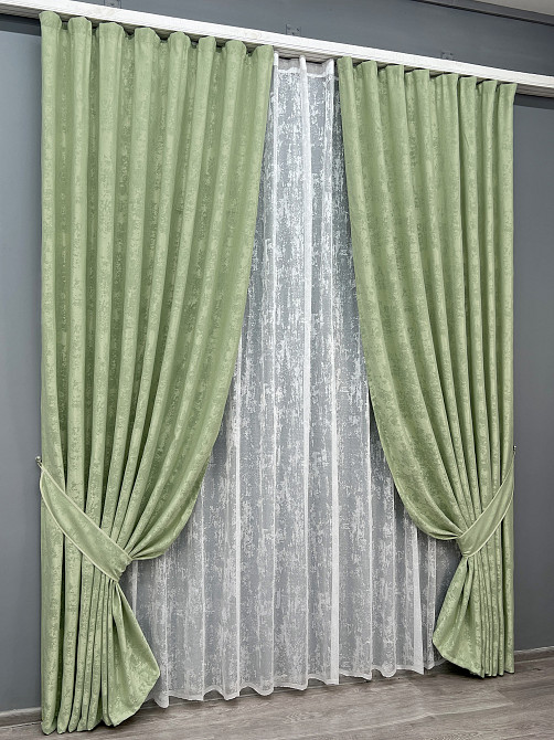Комплект штор VR-Textil Жакард Мармур 150х270 2шт і Тюль 600х270 1147ш-1400т Світло-оливковий з білим 71-192/5 Київ - фото 2