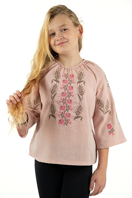 Вышиванка для девочек, льняная розовая 134 Киев - изображение 1