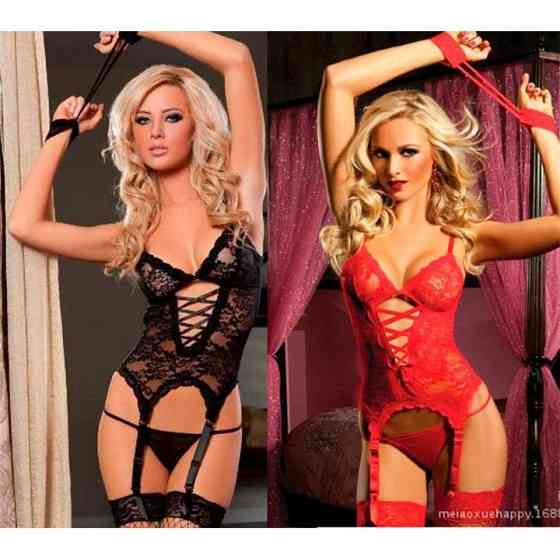 Комплект із панчохами, підв'язками для панчіх та ажурними наручниками - Червоний - XS/S - Еротична білизна Вінниця