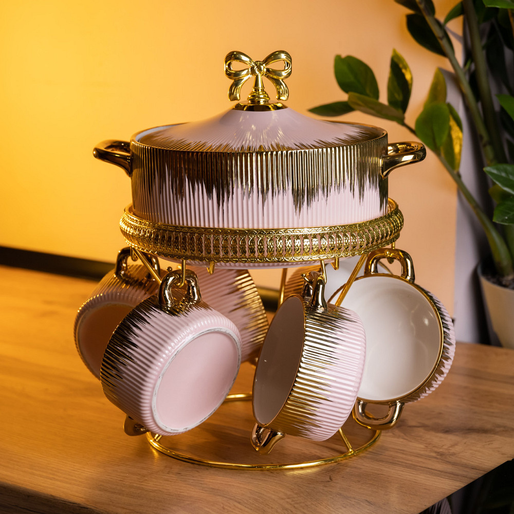 Суповий сервіз на 6 персон супниця 2 (л) на підставці з бульйонницями 400 (мл) тарілки для супу Рожевий з золотом FM-A23-5 SBR Київ - фото 1