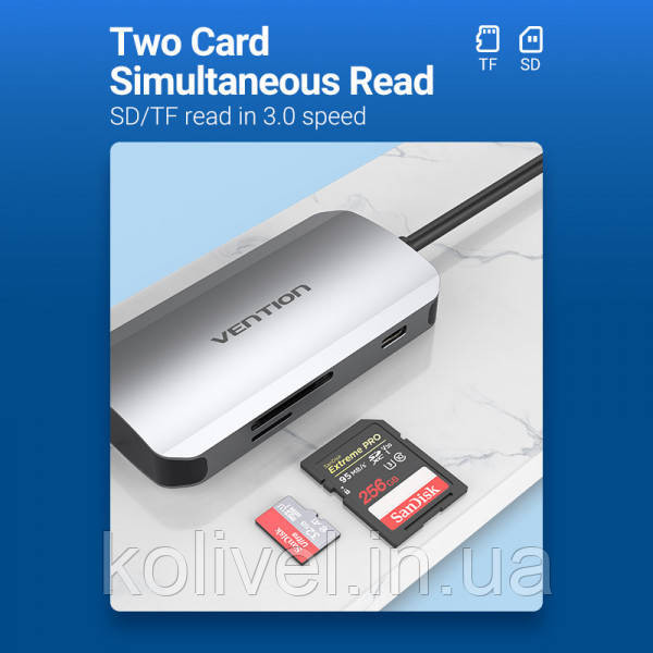 Хаб USB 3.1 Type-C -> 3хUSB 3.0/SD/TF/PD 100W 6-in-1 Vention (TNHHB) Київ - фото 7