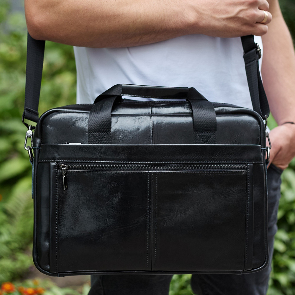 Кожаная мужская сумка-портфель 38х28х8, сумочка для работы и ежедневных дел, мужской шопер, черная Киев - изображение 1
