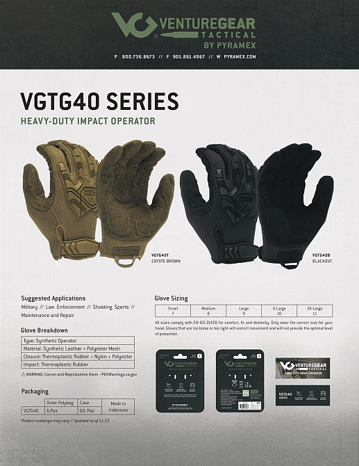Тактичні рукавиці протиударні Venture Gear Tactical VGTG40 Heavy-Duty Impact Operator, пісочні, розмір L (9) Київ - фото 9