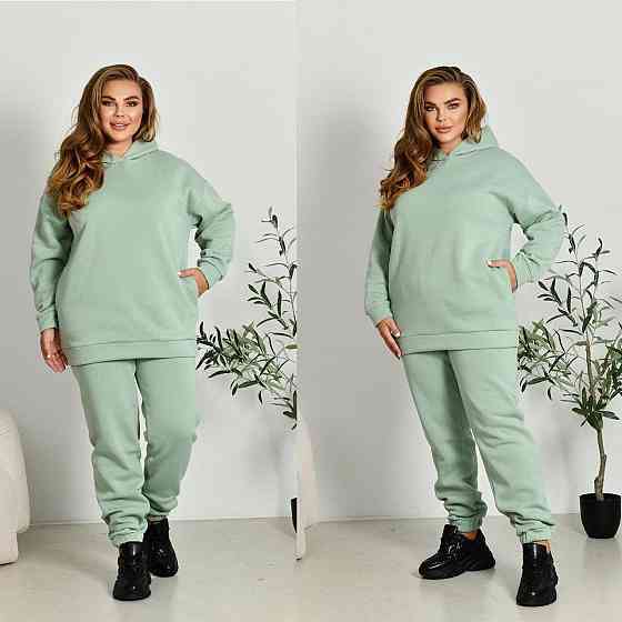 Женский прогулочный костюм: худи и штаны батал в спортивном стиле трехнитка на флисе Фисташковый, 64/66 Одесса