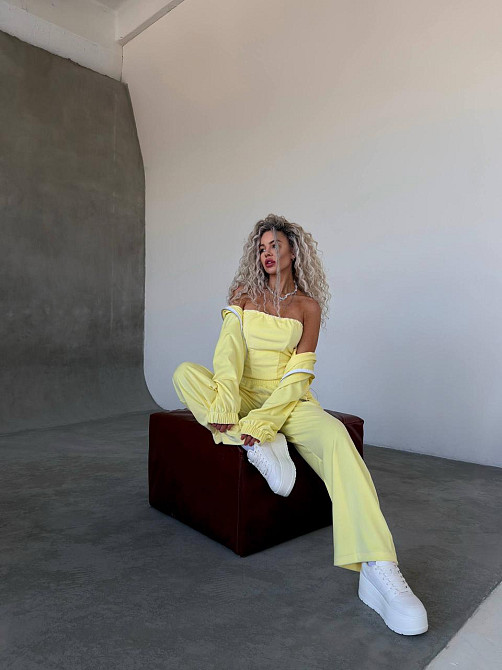 Жіночий велюровий костюм-трійка: кофта корсет і штани Лимонний, 48/52 Одеса - фото 7