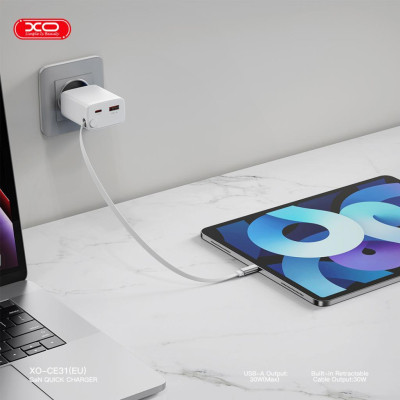 Зарядное устройство XO 1xUSB-C + 1xUSB QC30W GaN + cable USB-C to USB-C white (XO-CE31) Винница - изображение 7