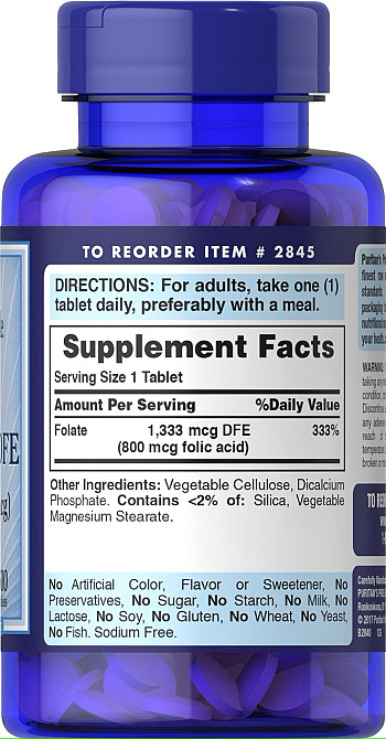 Фолиевая кислота Puritan's Pride Folic Acid 800 mcg 250tabl Луцк - изображение 2