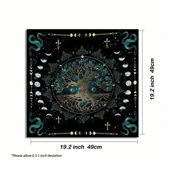 Вівтарна скатертина «Дерево Життя» 49×49 см, фази Місяця, чорна, поліестер – для Таро, кристалів, ритуалів Київ