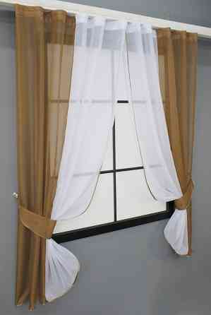 Кухонные шторы VR-Textil № 017к комбинированные с подвязками кофейный с белым 265х170 см (50-019) Киев