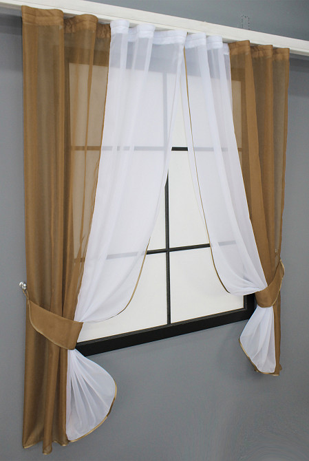 Кухонные шторы VR-Textil № 017к комбинированные с подвязками кофейный с белым 265х170 см (50-019) Киев - изображение 2