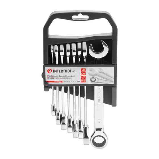 Ключі ріжково-накидні INTERTOOL 8 од.: 8-19 мм (8-10-12-13-14-15-17-19), Cr-V, PROF DIN3113 Львів
