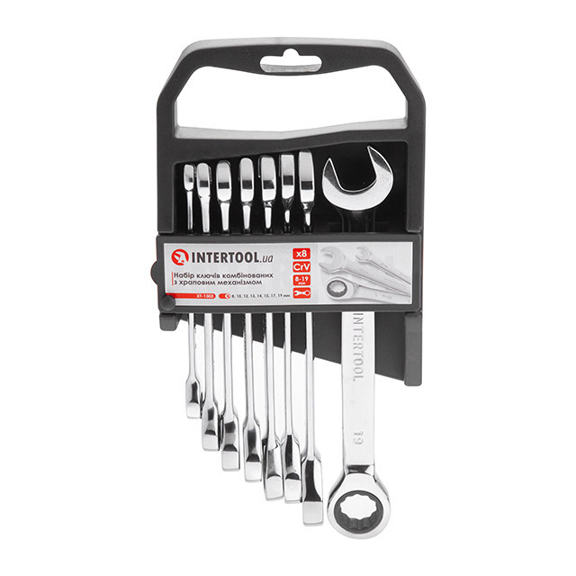 Ключі ріжково-накидні INTERTOOL 8 од.: 8-19 мм (8-10-12-13-14-15-17-19), Cr-V, PROF DIN3113 Львів - фото 1