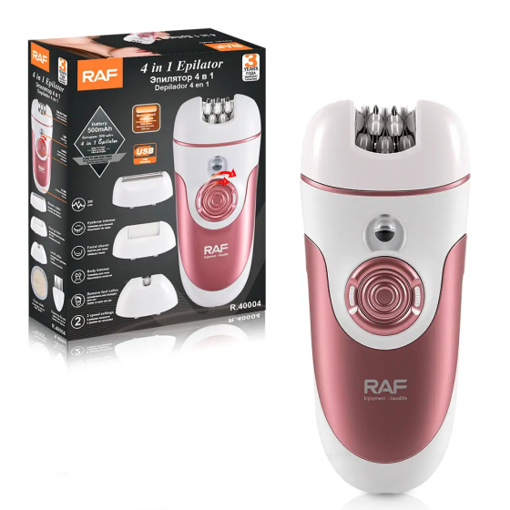 Епілятор RAF R40004 акумуляторний 4в1 з насадками, USB зарядка, для тіла та обличчя, біло-рожевий Одеса