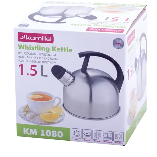 Чайник 1,5л нержавіюча сталь зі свистком з нейлоновою ручкою 1080 KAMILLE Житомир