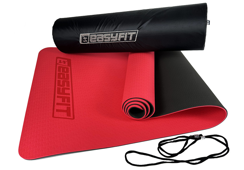 Килимок для йоги та фітнеса EasyFit TPE+TC 6мм двошаровий + Чохол червоний з чорним Коломыя - изображение 6
