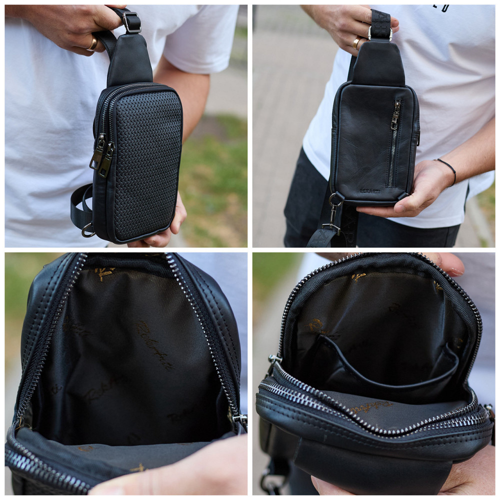 Мужская сумка-слинг через плечо 13х20х5, бананка нагрудная с узором для телефона, черная Киев - изображение 7