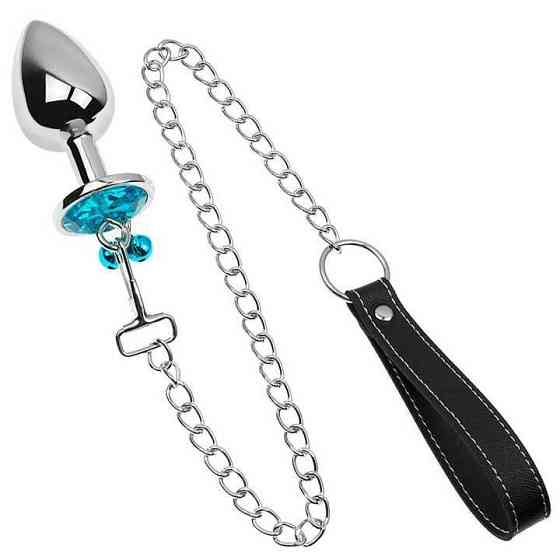 Металлическая анальная пробка с поводком - Бирюзовый - 4*9,4 см – Анальные игрушки Винница