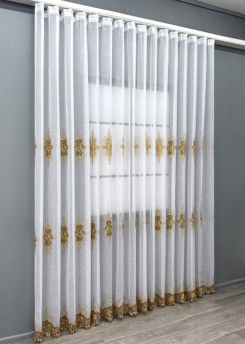 Тюль VR-Textil 1803т Льон з мереживом Білий з золотистим 300х250 см (42-1309) Київ - фото 11