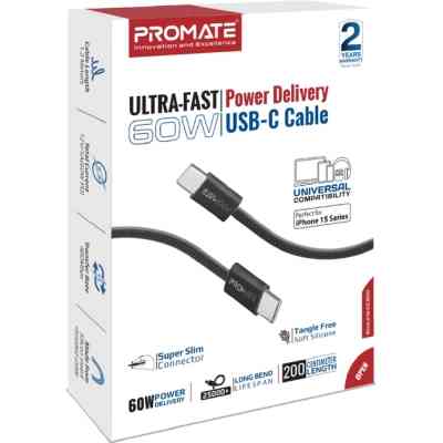 Дата кабель USB-C to USB-C 2.0m 60W PD EcoLine-CC200 black Promate (ecoline-cc200.black) Вінниця