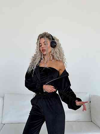 Жіночий велюровий костюм-трійка: кофта корсет і штани Чорний, 42/46 Одеса