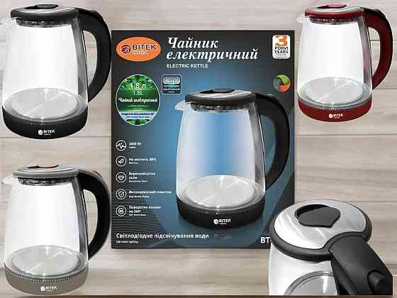 Чайник електричний скляний без квітки 1.8л 2400Вт синє LED-підсвічування BITEK BT-311, скляний корпус Одеса