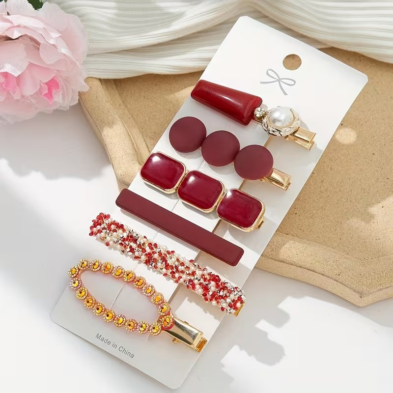 Набор заколок для волос 6 шт для женщин,бижутерия золотистые зажим заколки для причесок с стразами и жемчугом женские,красный Каменец-Подольский - изображение 2