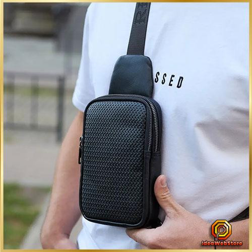 Брендова чоловіча нагрудна сумка рюкзак-слінг із натуральної шкіри молодіжна шкіряна чорна сумочка на плече Київ - фото 1