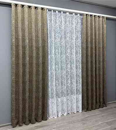 Комплект штор VR-Textil Жакард Fantasy 200х270 2шт і Тюль 600х270 1631ш-1783т Капучино з білим 71-047/7 Київ