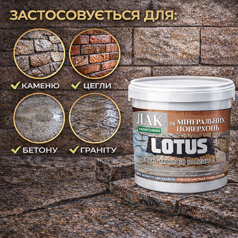 Фасадний лак для каменю та цегли LOTUS «Мокрий камінь» глянцевий акриловий прозорий для фасаду, бетону та дерева 3 л Харків - фото 8