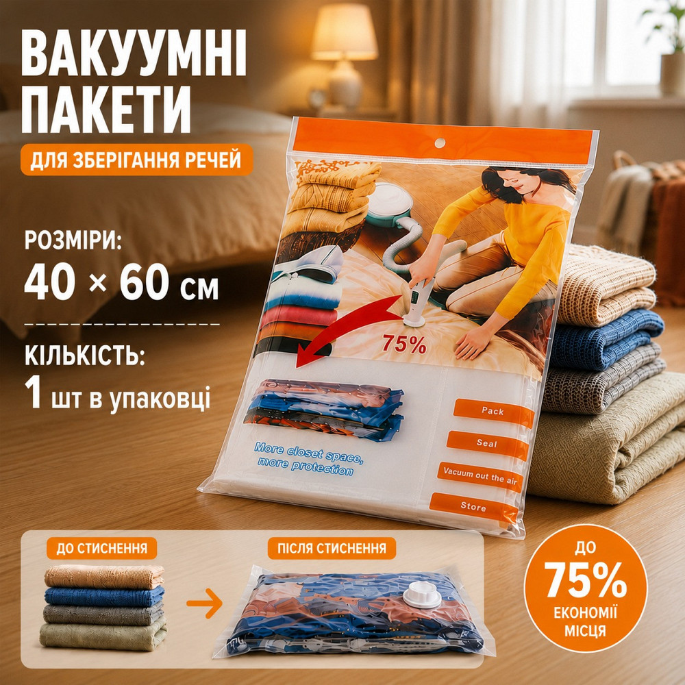 Вакуумний пакет Zip-замком для зберігання одягу та речей у багажі, з клапаном, мішок вакуумний мішок, 40х60 см Кам'янець-Подільський - фото 10